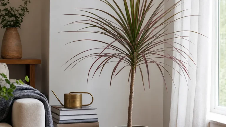 A mature dracaena marginata dragon tree with one tall woody bark-textured cane topped by a full spray of thin arching grass-like leaves with red-to-purple margins standing in a bright real-home living room corner beside a window with soft natural daylight