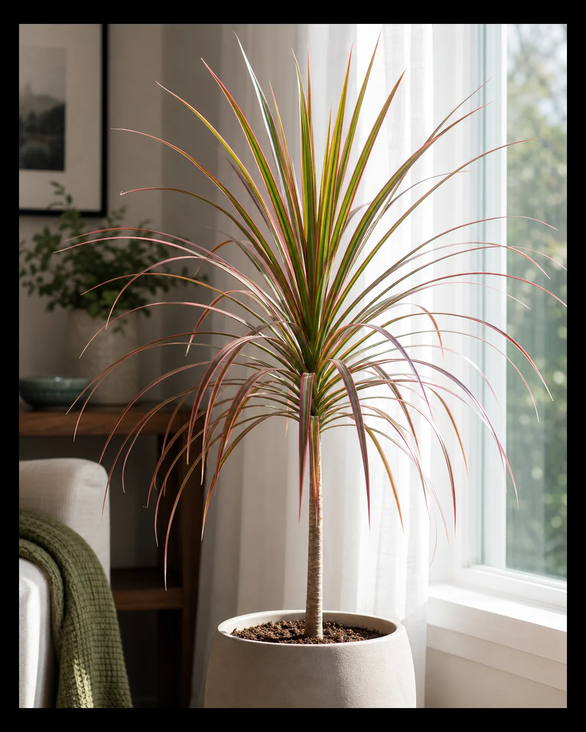 A dracaena marginata cane with a full spray of thin arching leaves positioned near a bright window with soft indirect daylight raking across the foliage highlighting deep red to purple margins along each leaf edge against the green center