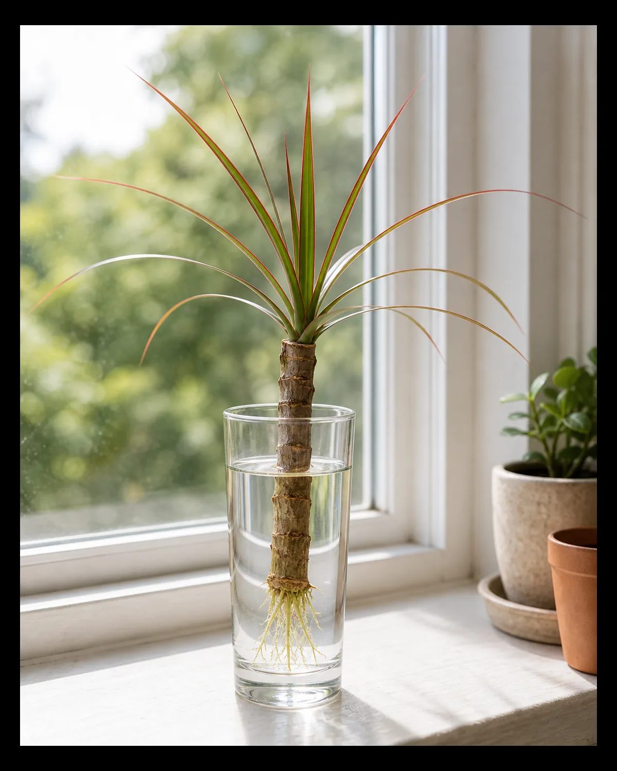 A dracaena marginata cane cutting a bare woody stem section with a few thin red margined leaves at the top standing upright in a tall clear glass of water on a bright windowsill with fine new roots beginning to show at the submerged base of the cane