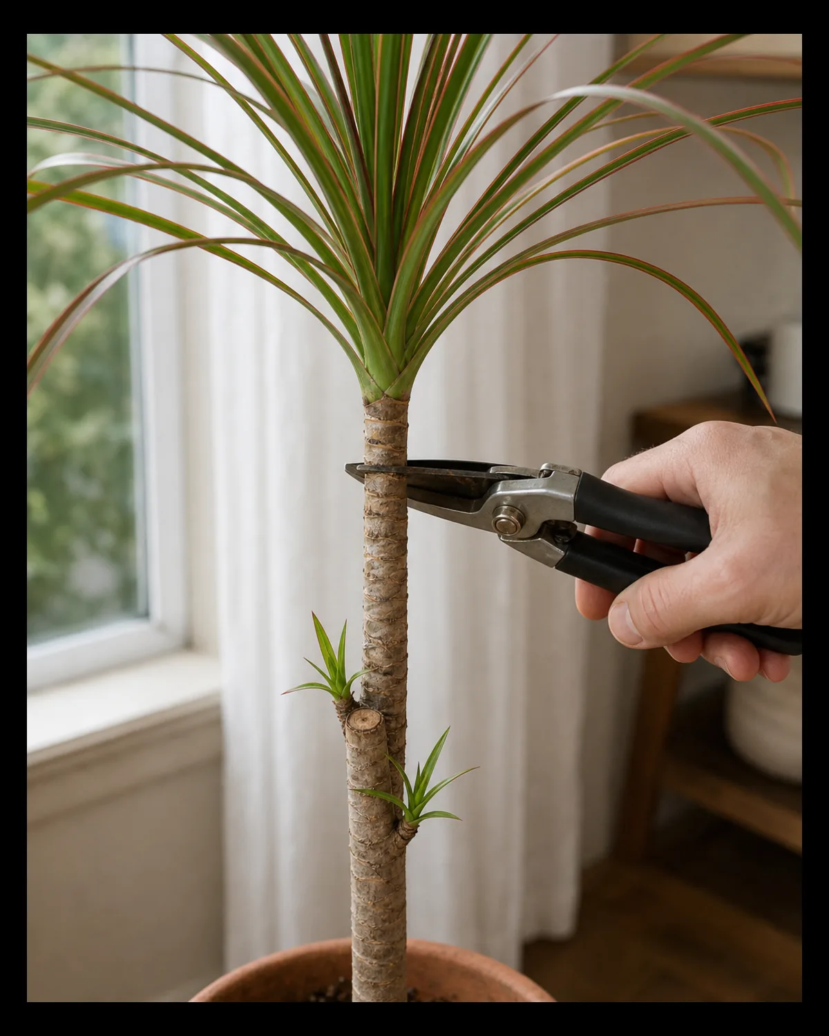 A medium tight closeup of a hand using clean pruning shears to cut a tall bare woody dracaena marginata cane at a chosen height with the leaf spray on the upper portion visible above the cut point and two or three tiny new leaf rosettes already sprouting from the bark just below the cut point on an adjacent older cut