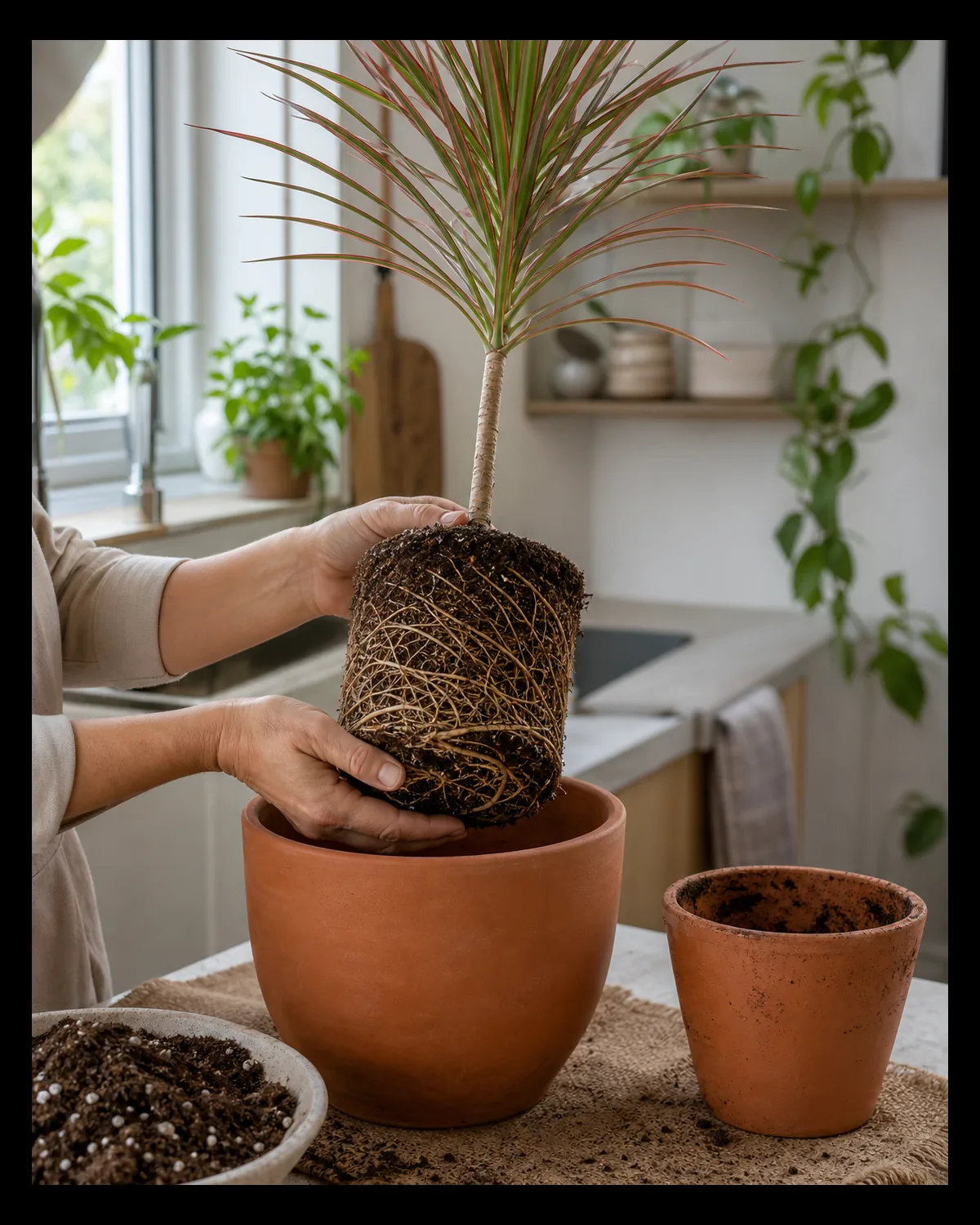 A dracaena marginata being lifted from its old terracotta pot into a slightly larger new terracotta pot on a work surface with the root ball and roots visibly circling the base clearly shown mid repot next to fresh potting mix