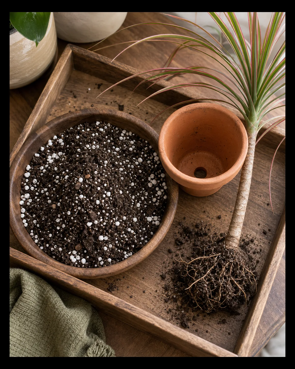 An overhead closeup of a low wood tray holding a well draining potting mix with visible white perlite pieces beside a plain terracotta pot with a visible drainage hole and a dracaena cane section with roots waiting to be potted