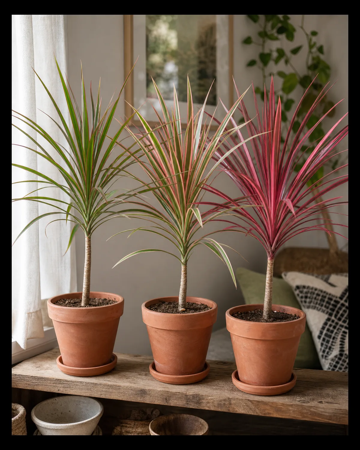 A small grouping of three dracaena marginata varieties on a wood shelf in a bright real living room each visibly different classic plain green and red species type Tricolor with a cream stripe alongside the red margin and Colorama with leaves almost entirely pink red each in a plain terracotta pot