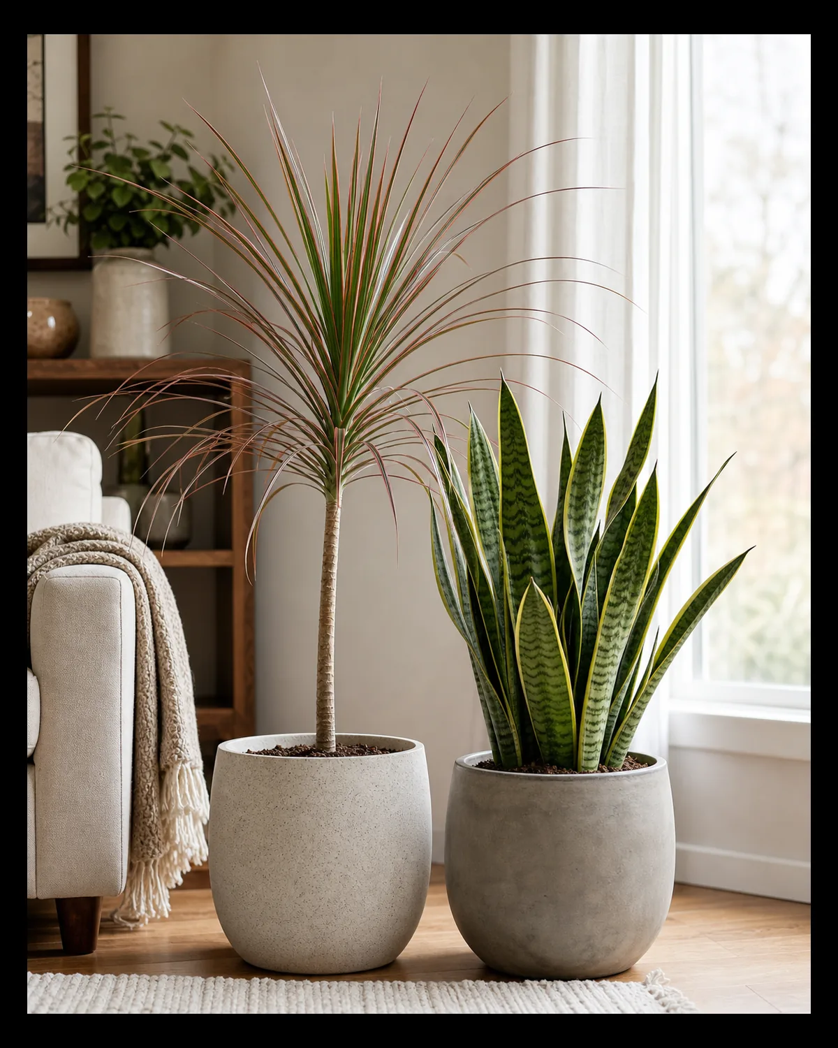 A close side by side comparison of a dracaena marginata on the left showing a visible woody cane trunk topped with thin arching red margined leaves next to a snake plant on the right with no visible trunk at all just stiff thick upright sword leaves rising directly from the soil