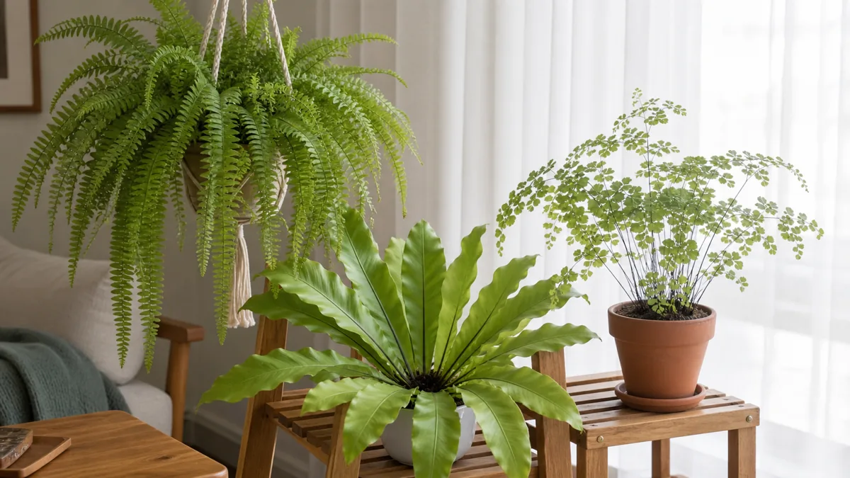 A collection of indoor ferns on a wooden plant stand near a bright window: a Boston fern cascading from a hanging planter, a bird's nest fern with broad rosette fronds, and a maidenhair fern with delicate fan-shaped leaflets