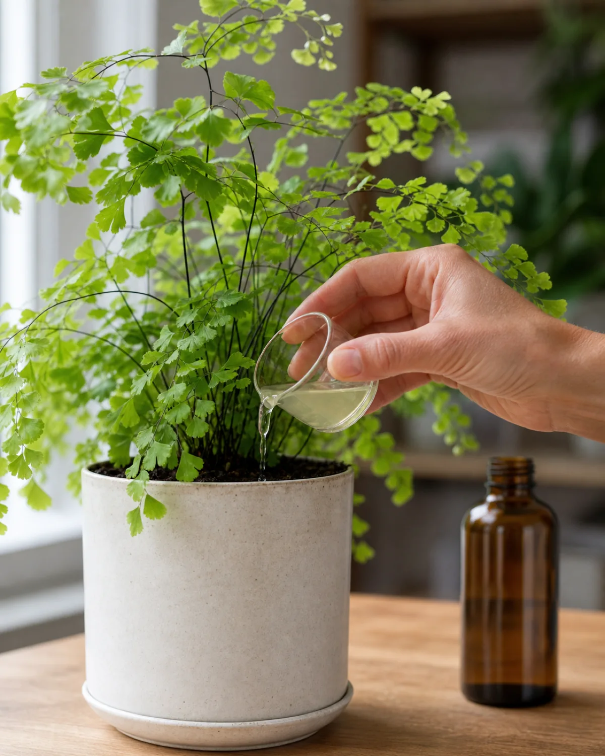 A hand adding diluted pale liquid fertilizer to the soil of a potted maidenhair fern, the delicate fronds arching above, with a generic bottle in the background