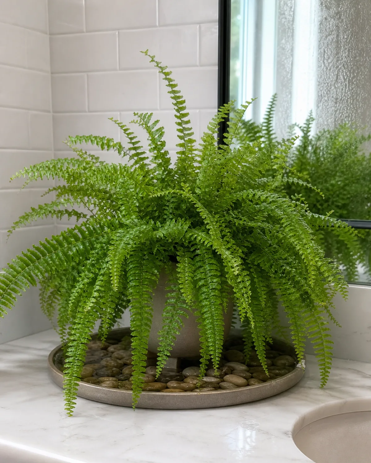 A lush Boston fern on a pebble tray in a bright bathroom with subway tiles and visible steam, the fern green and full with no brown tips