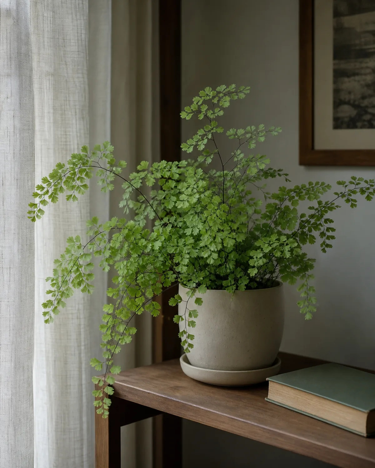 A maidenhair fern with delicate fan-shaped leaflets on black wiry stems in a cream ceramic pot on a wooden shelf beside a north-facing window with soft diffused light