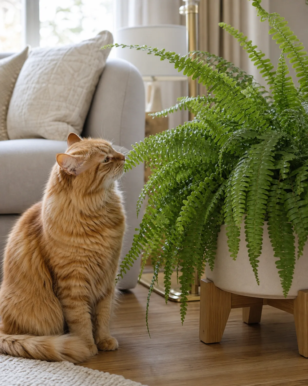 A fluffy orange tabby cat sitting calmly next to a Boston fern in a low ceramic pot, the cat gently sniffing a frond in a bright cozy living room