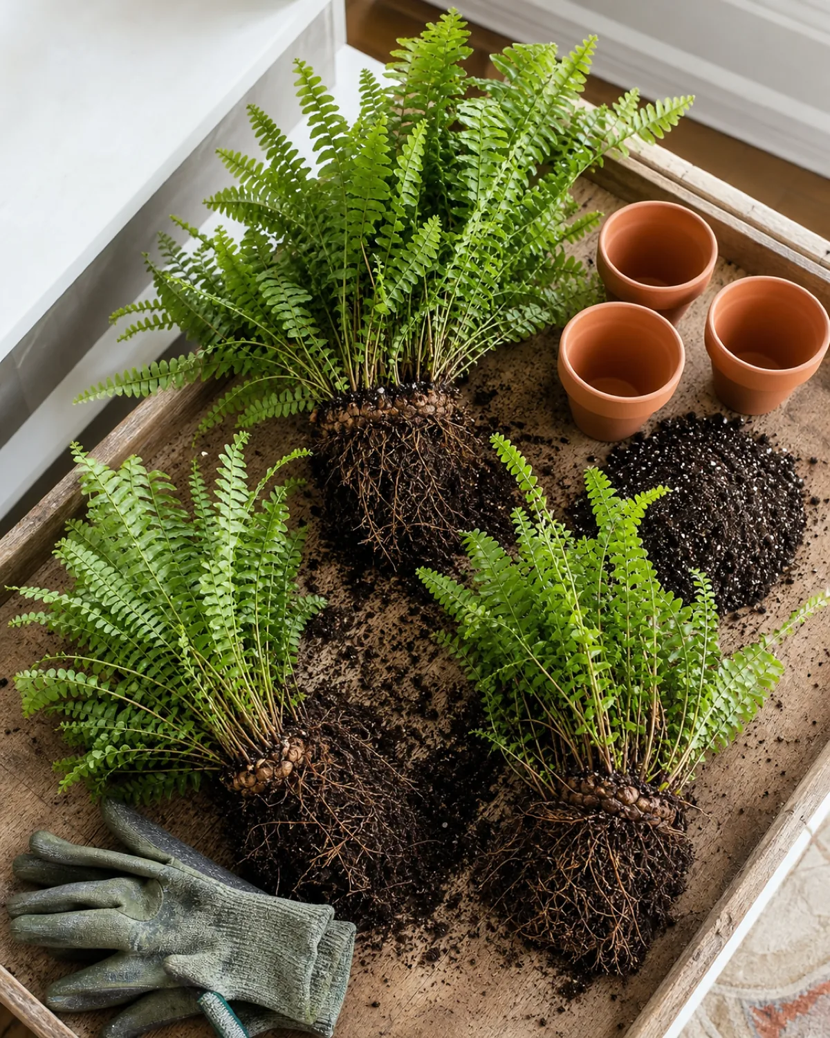 A Boston fern root ball divided into three sections on a potting tray, each showing fronds attached to rhizome with fibrous roots, three empty pots and fresh mix beside them