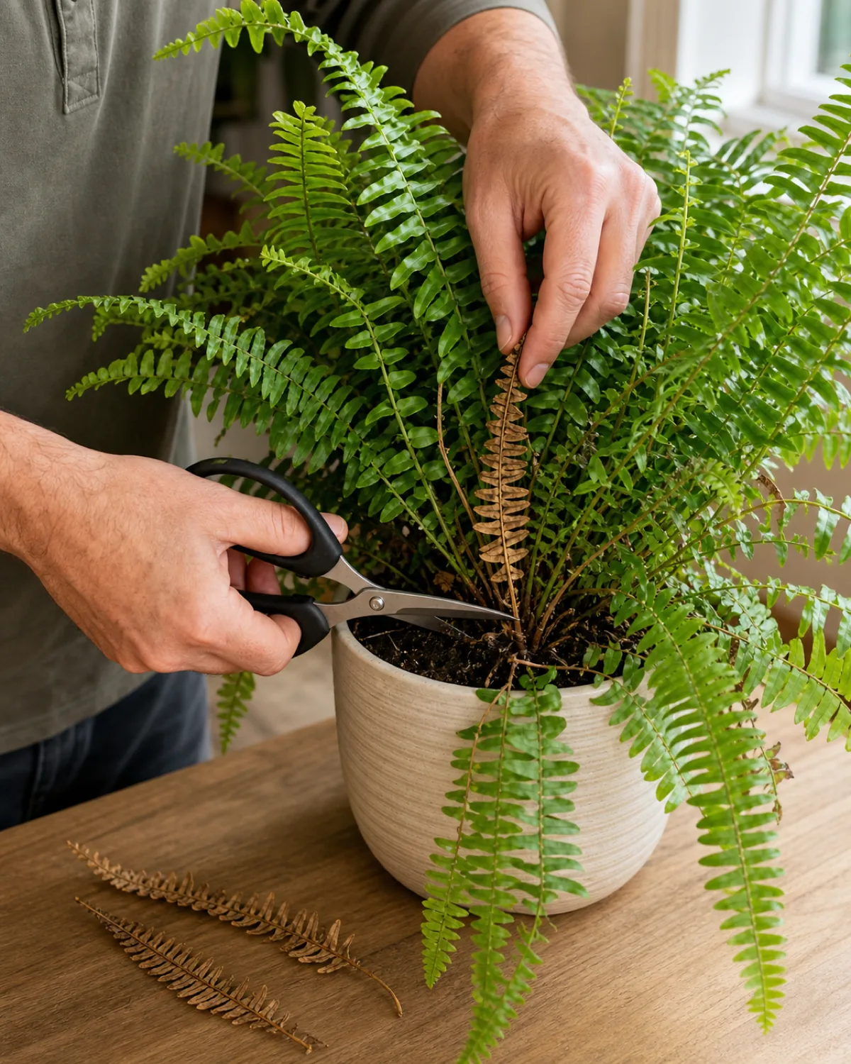 A hand using clean sharp scissors to cut a brown dead frond at the base of a Boston fern, with healthy green fronds intact around the crown
