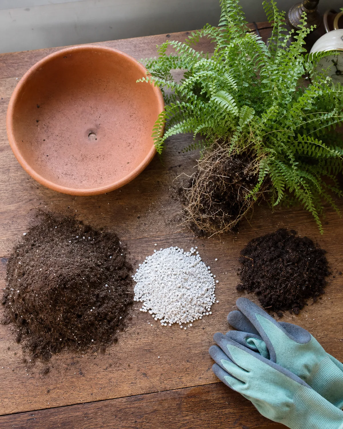 Top-down view of fern potting mix components on a potting bench: dark peat-based potting mix, white perlite, dark crumbly compost, and an unpotted Boston fern with fine fibrous roots visible