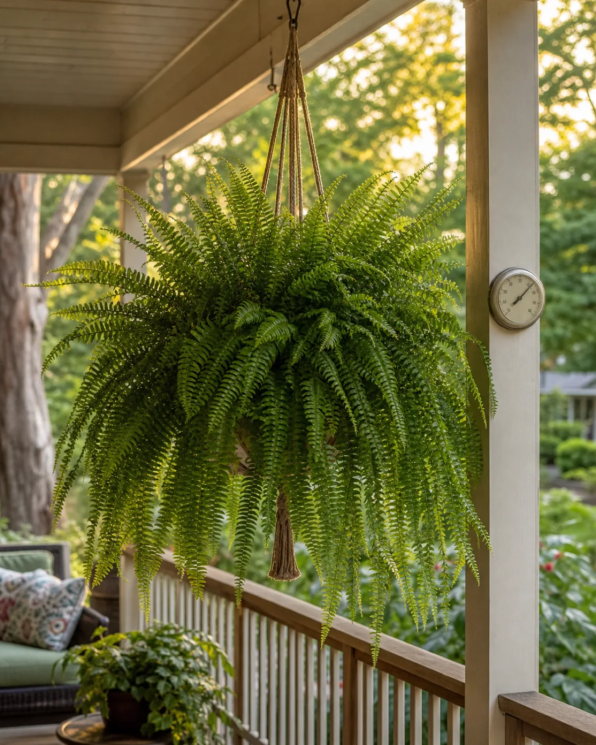 A lush Boston fern in a macrame hanger on a covered front porch in warm late-afternoon light, protected from direct sun by the porch roof