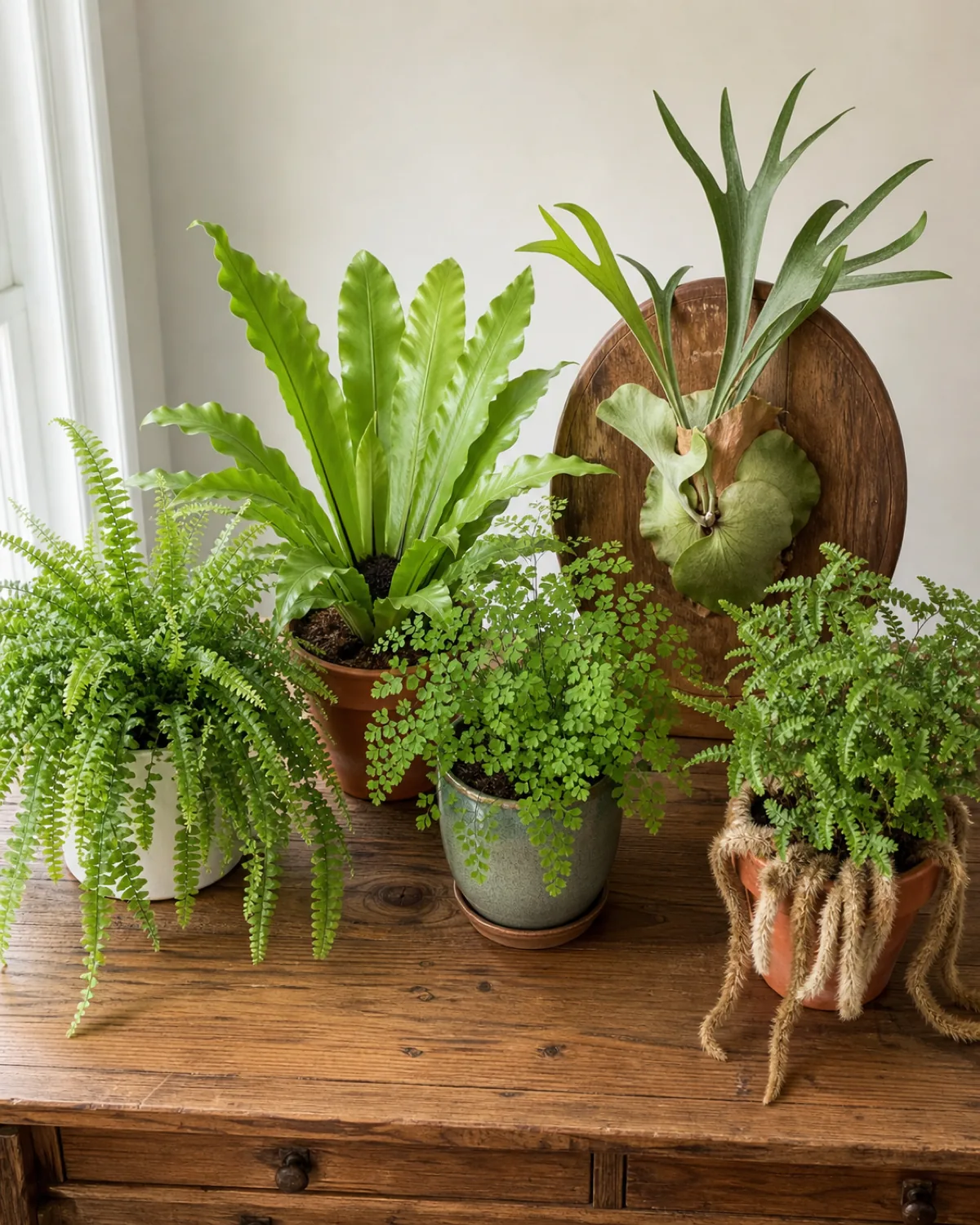 Five different fern varieties arranged for comparison: Boston fern, bird's nest fern, maidenhair fern, staghorn fern mounted on a board, and rabbit's foot fern with furry rhizomes