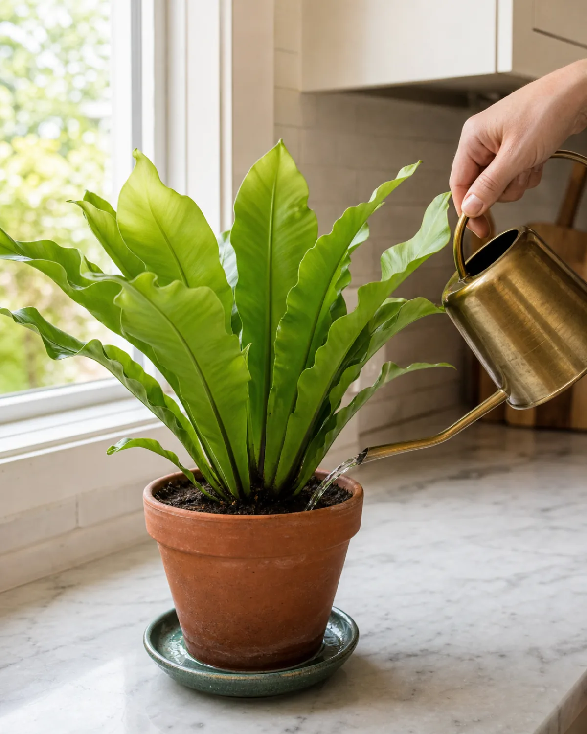 A hand watering a bird's nest fern with a long-spouted watering can, pouring onto the soil around the outside of the rosette, terracotta pot on a saucer