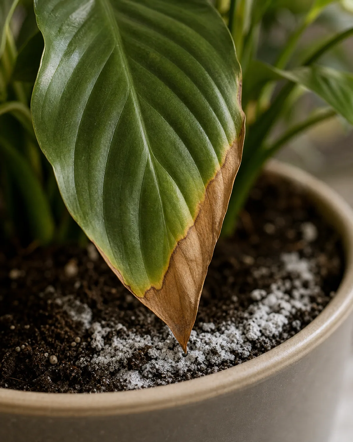 A close-up of a real houseplant leaf showing crisp brown scorch along its tip and outer margin, with a faint white mineral crust visible on the dark soil surface just below it