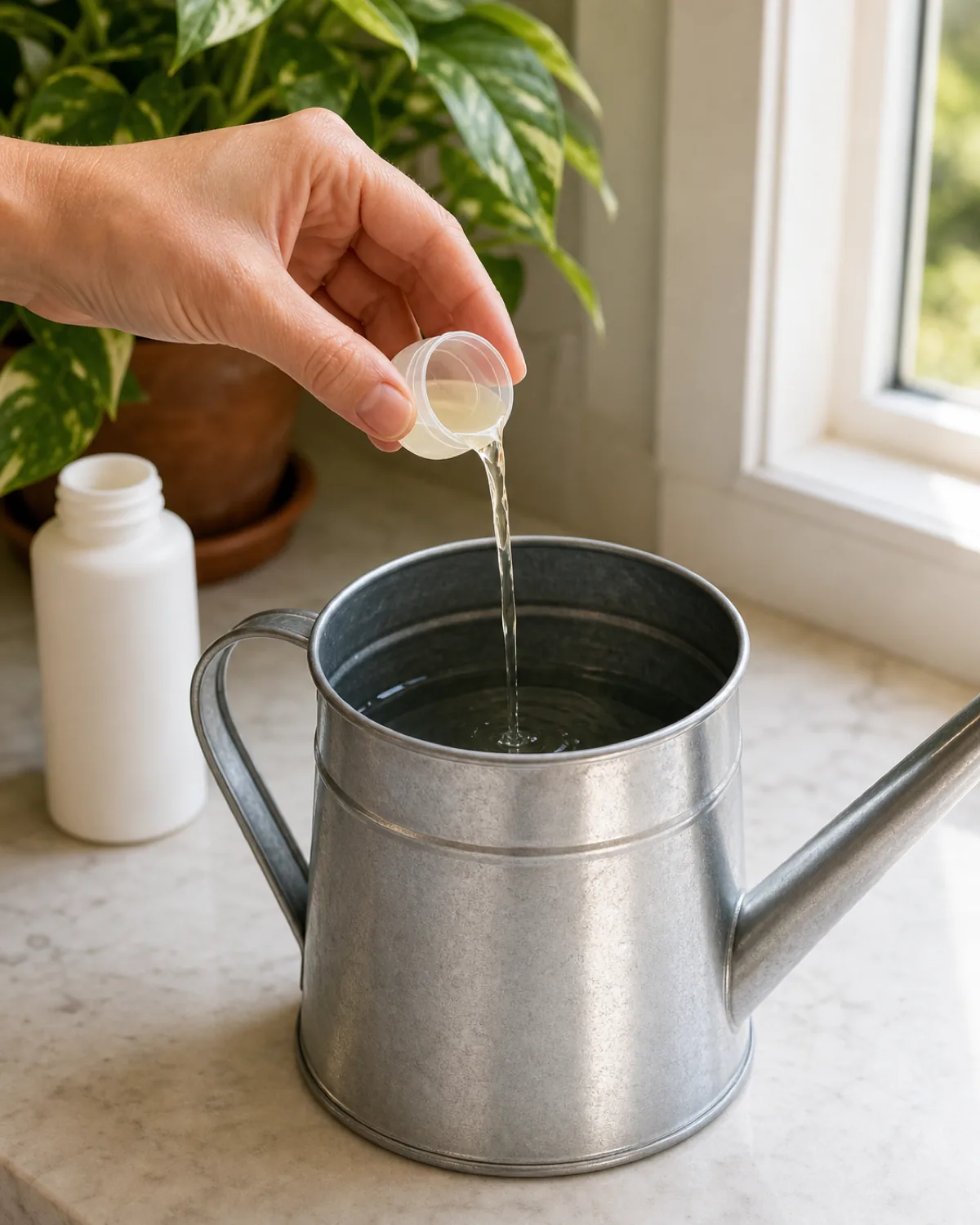 A close medium shot of a hand tipping a small measuring cap holding a faint tinted liquid into an open metal watering can partly filled with water