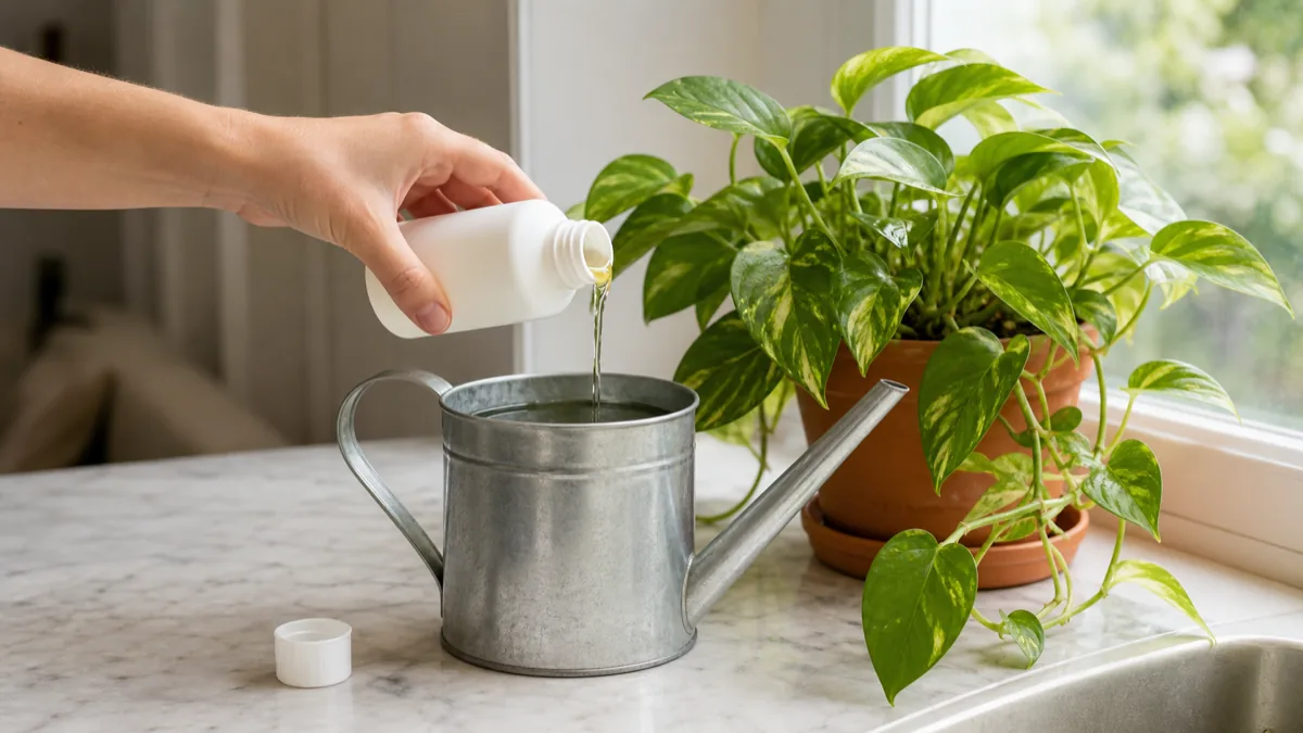 A hand tipping a small unbranded liquid fertilizer bottle over a metal watering can filled with water, beside a healthy houseplant on a bright counter