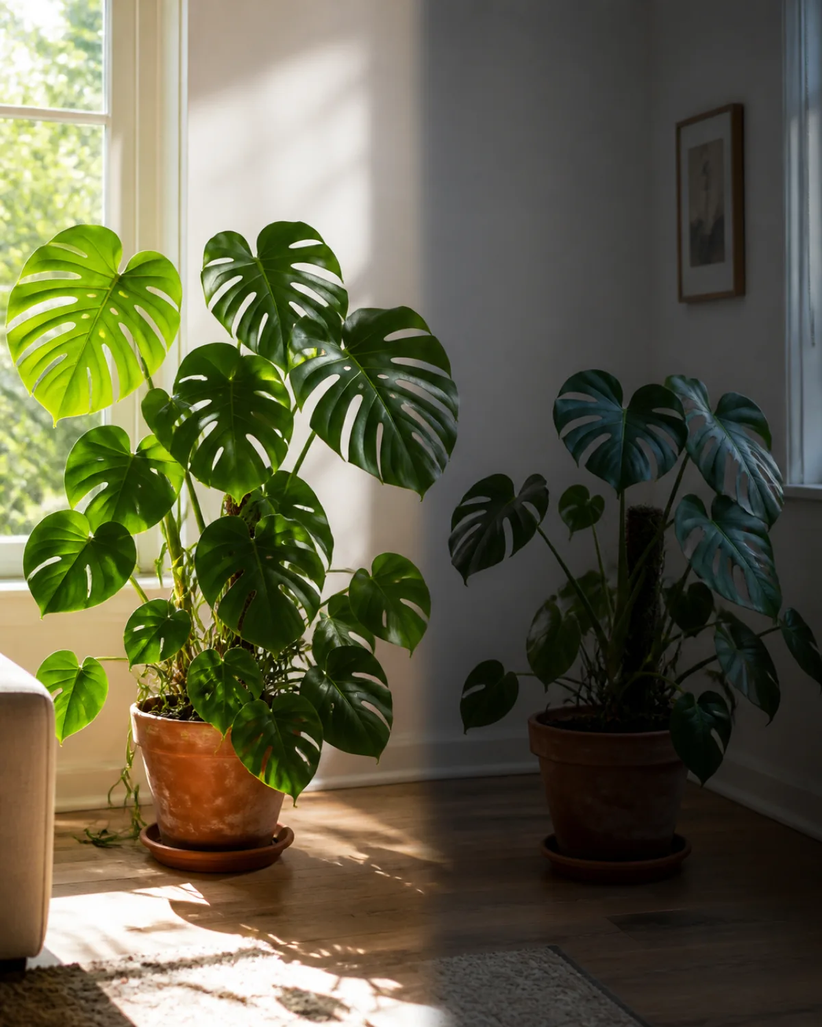 A split-composition vertical portrait: one healthy houseplant bathed in bright warm spring-toned window light, a similar houseplant in cooler, dimmer winter-toned light on the other side