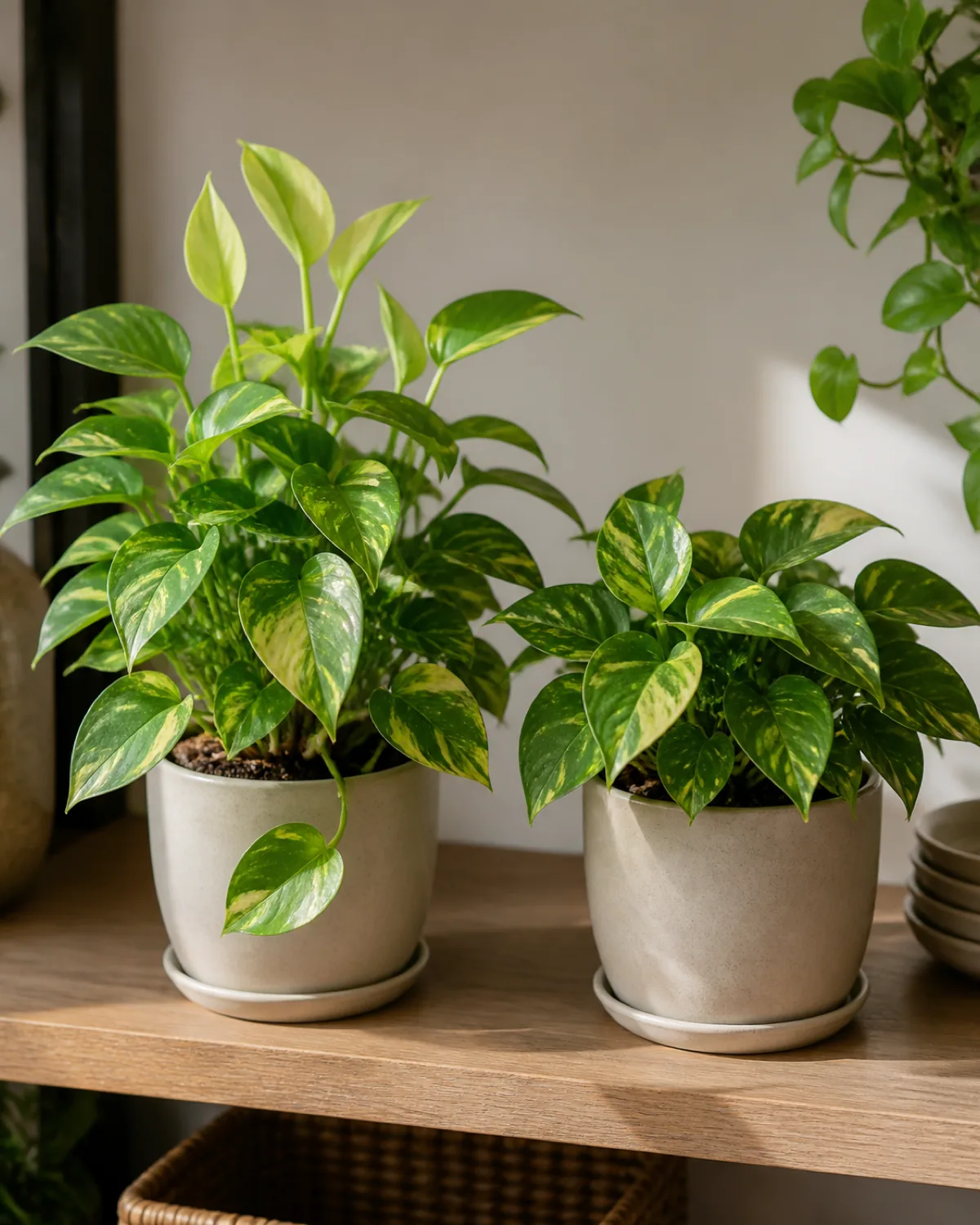 Two same-species houseplants on a shelf side by side, one with several visibly new unfurled leaves clustered near the top, the other compact with no obvious new growth