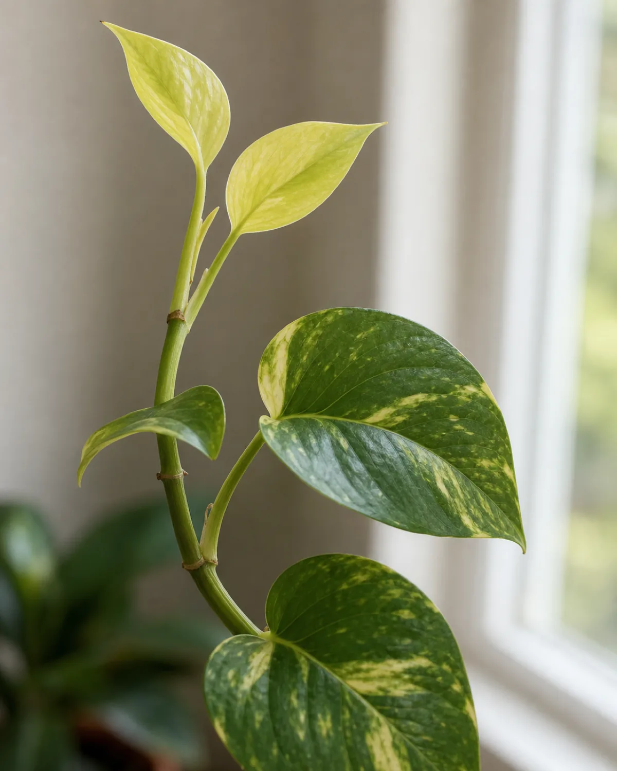 A close-up on a single real houseplant stem showing small, noticeably paler new leaves near the growing tip next to larger, richly colored older leaves further down the stem