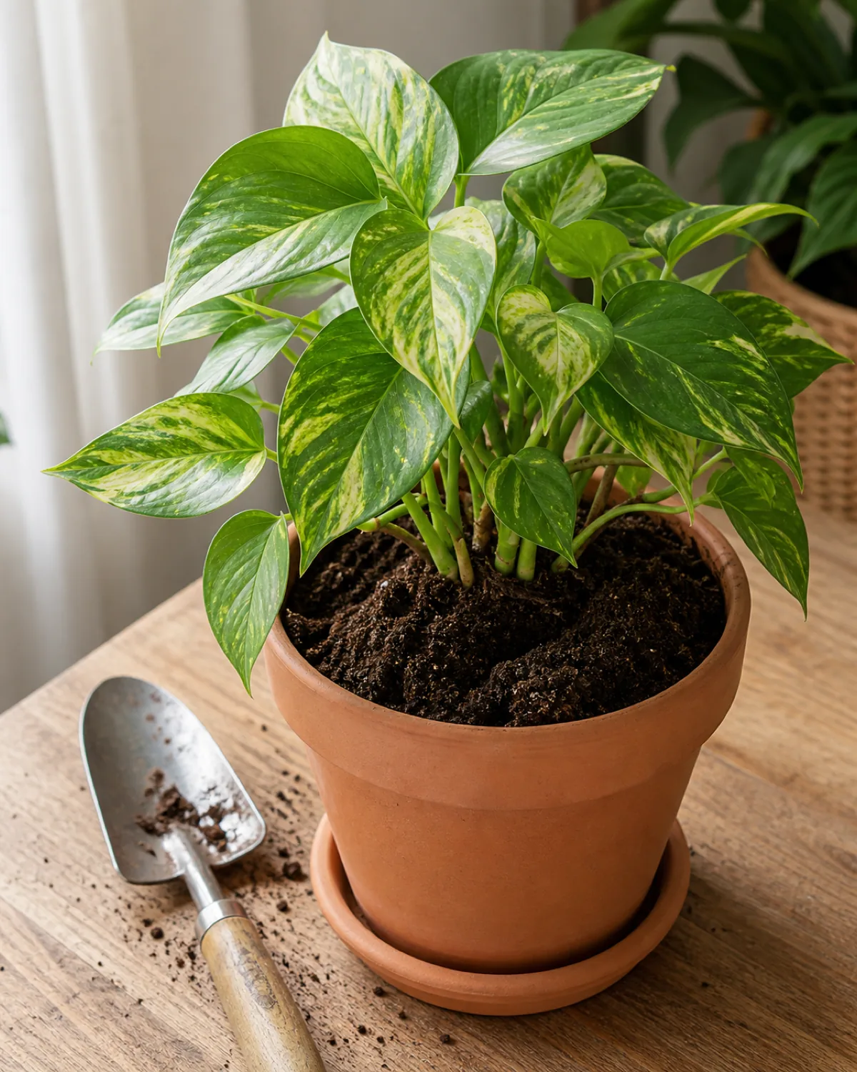 A houseplant just settled into a new terracotta pot, fresh dark potting mix visibly loose and not yet firmed around the base of the root ball, a small trowel resting nearby