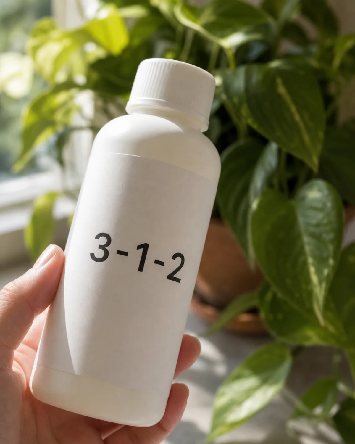 A close-up of a plain unbranded fertilizer bottle held at an angle in soft natural window light, showing a simple label with three large numbers separated by dashes