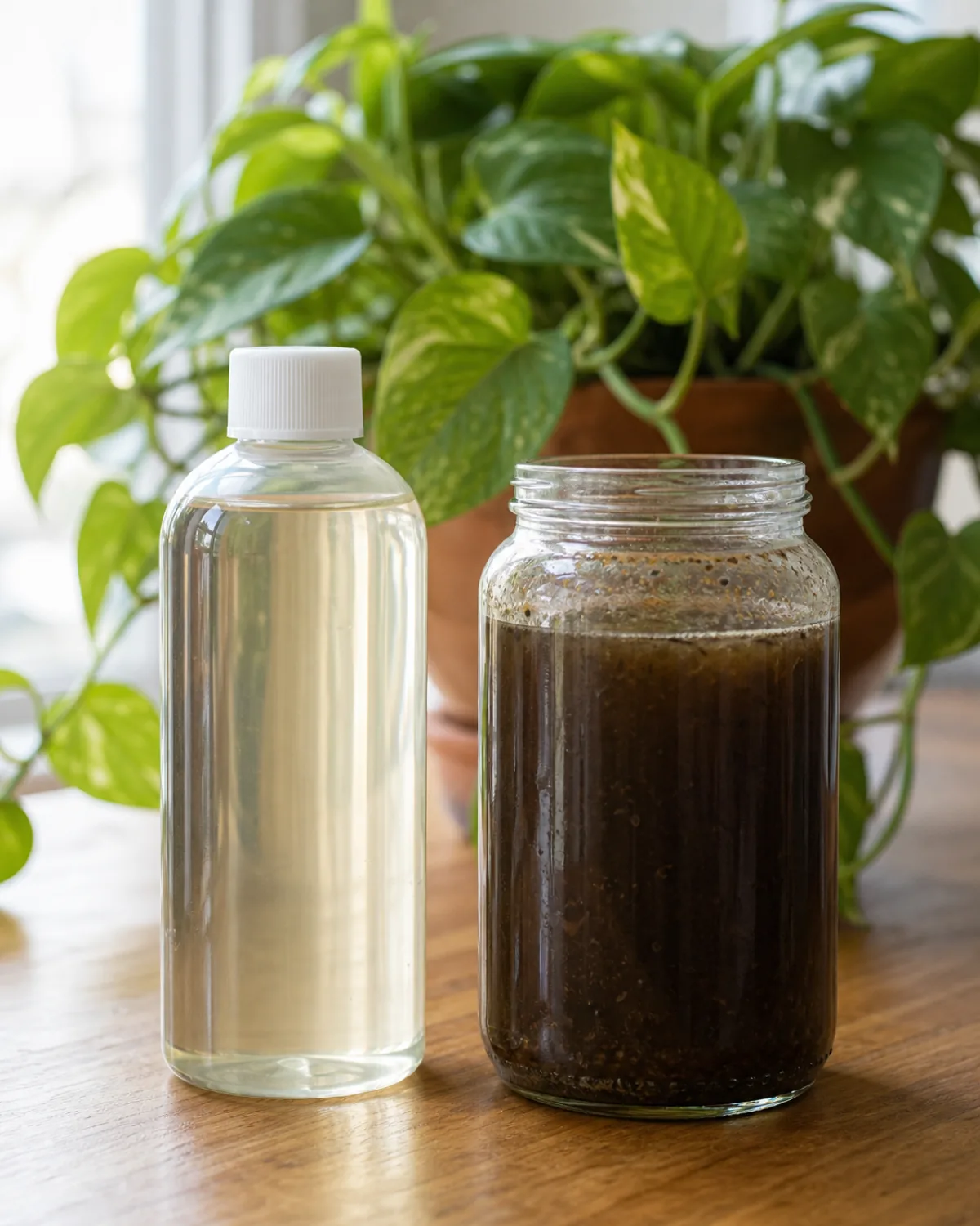 A plain unbranded liquid fertilizer bottle with clear or light-tinted liquid standing beside a glass jar holding dark, murky organic compost tea or fish emulsion