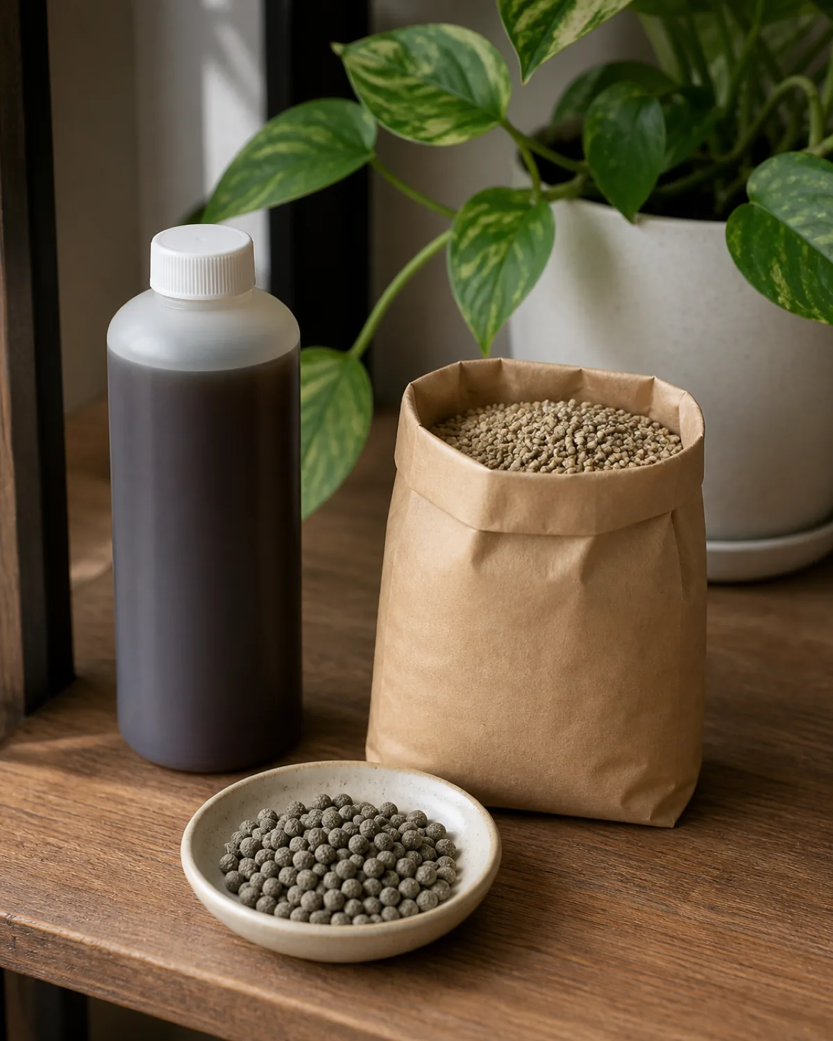 Three generic unbranded fertilizer formats arranged together on a wood shelf: a plain liquid bottle, a small plain paper bag with granules spilling slightly from the top, and a small dish holding round slow-release pellets