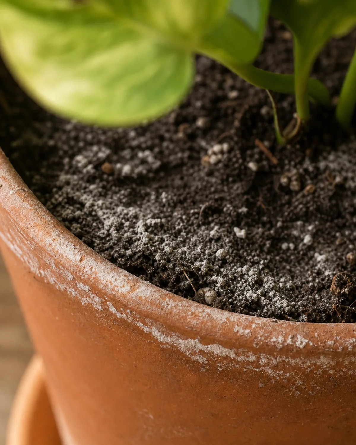 A close-up of a terracotta pot rim and adjacent soil surface showing a visible chalky white mineral crust buildup