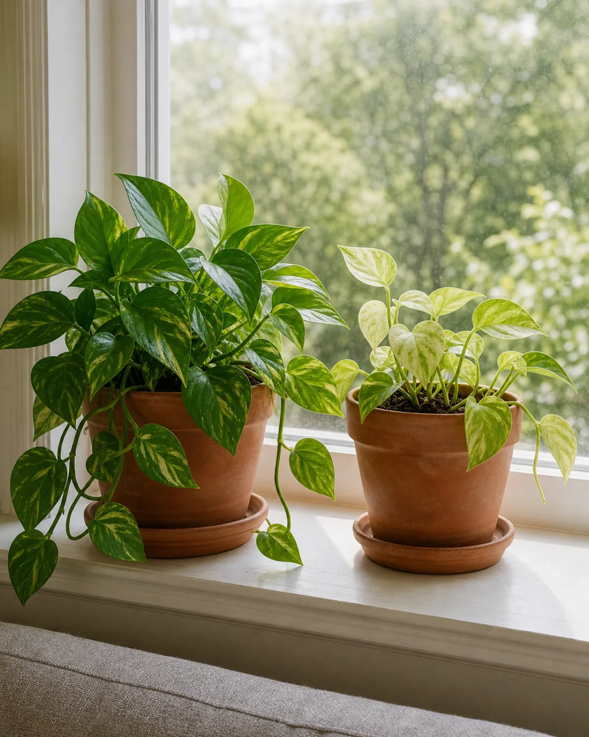 Two same-species small houseplants side by side on a windowsill, one lush with rich green new growth, the other visibly stalled with smaller, noticeably paler new leaves