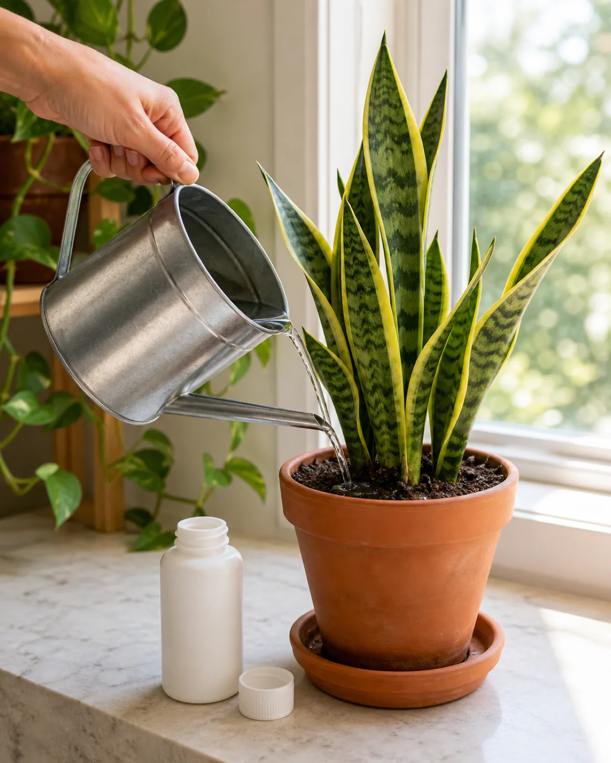 A hand pouring water from a metal watering can into the soil of a potted houseplant, with a small unbranded fertilizer bottle resting nearby on the same counter