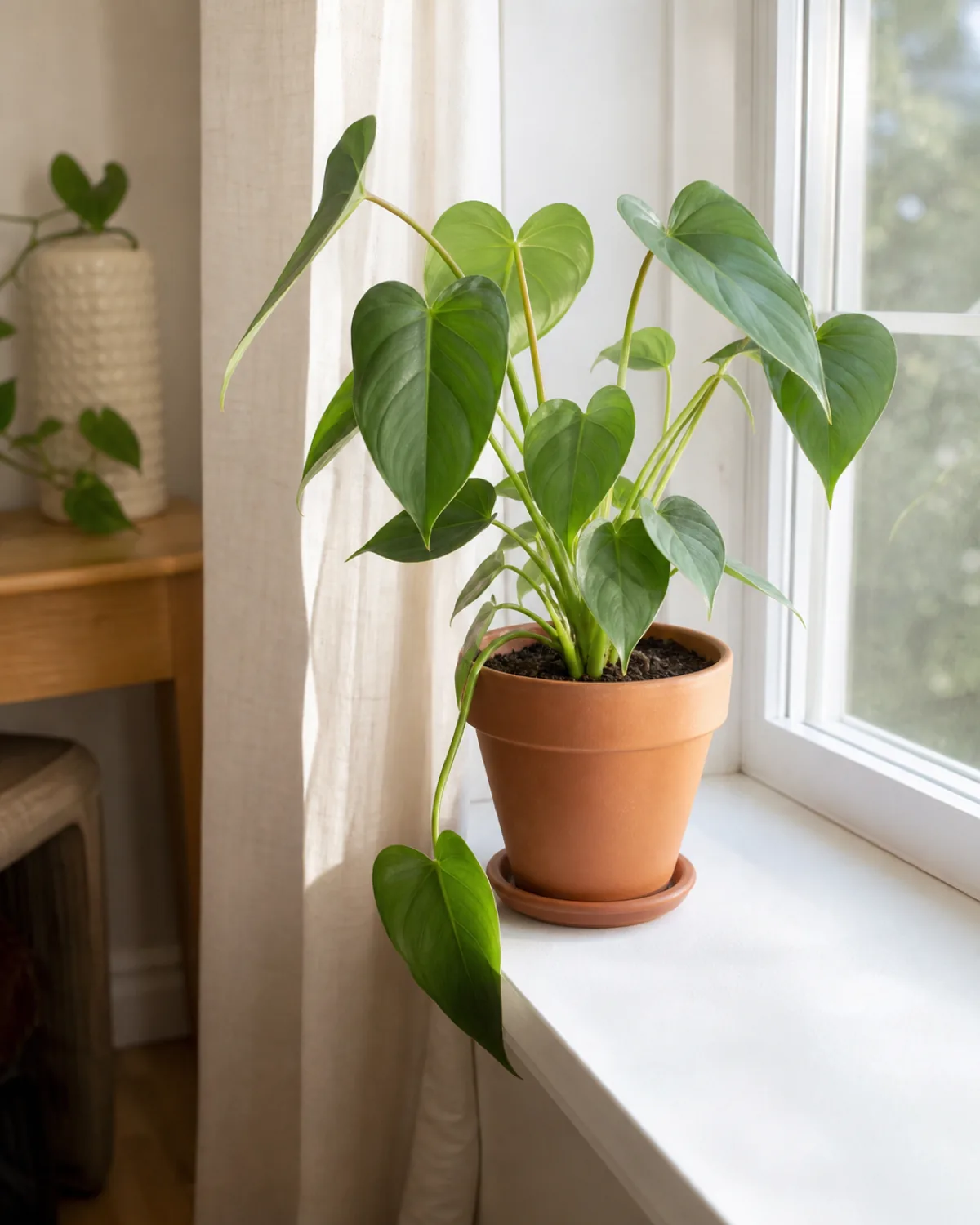 A houseplant recently moved to a new windowsill spot with one lower leaf gently drooping while the rest stands upright and healthy