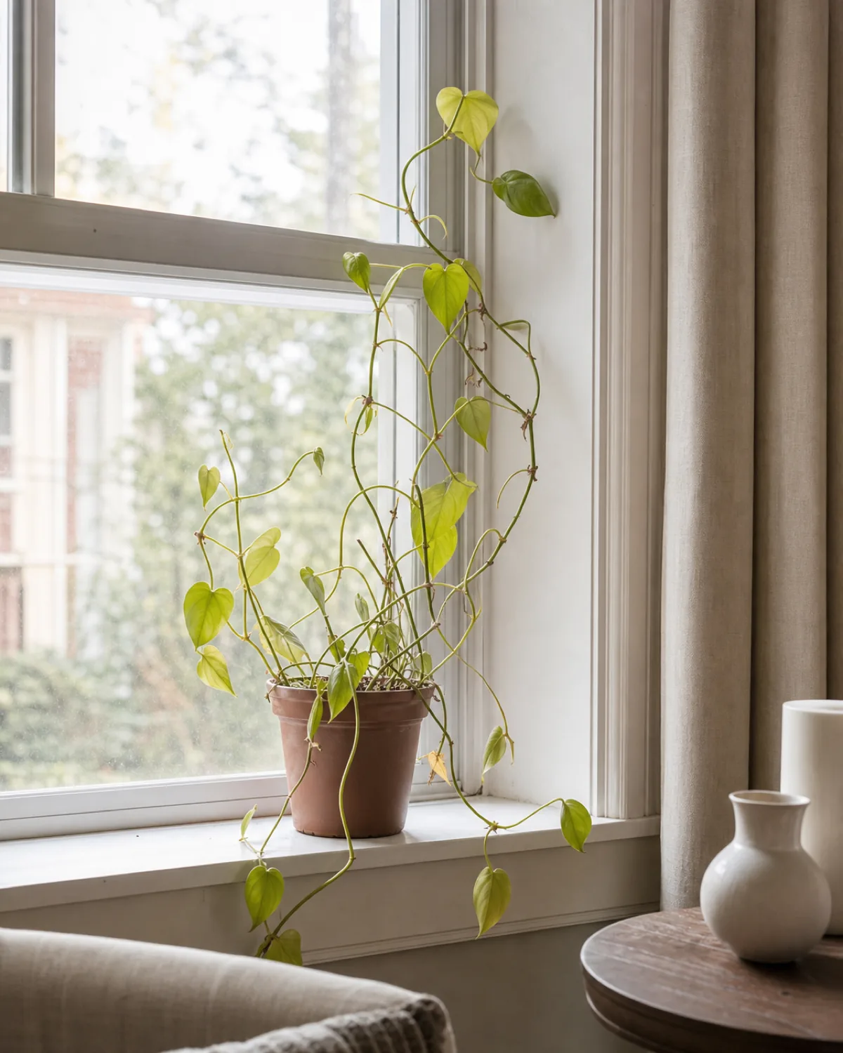 A pale visibly stretched houseplant sitting in an otherwise bright-looking window spot showing chronic low-light stress
