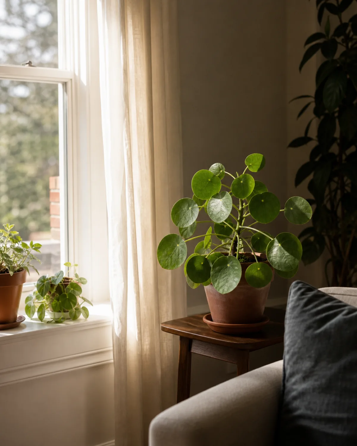 A houseplant positioned roughly two feet back from a sunny window with softer light reaching its leaves