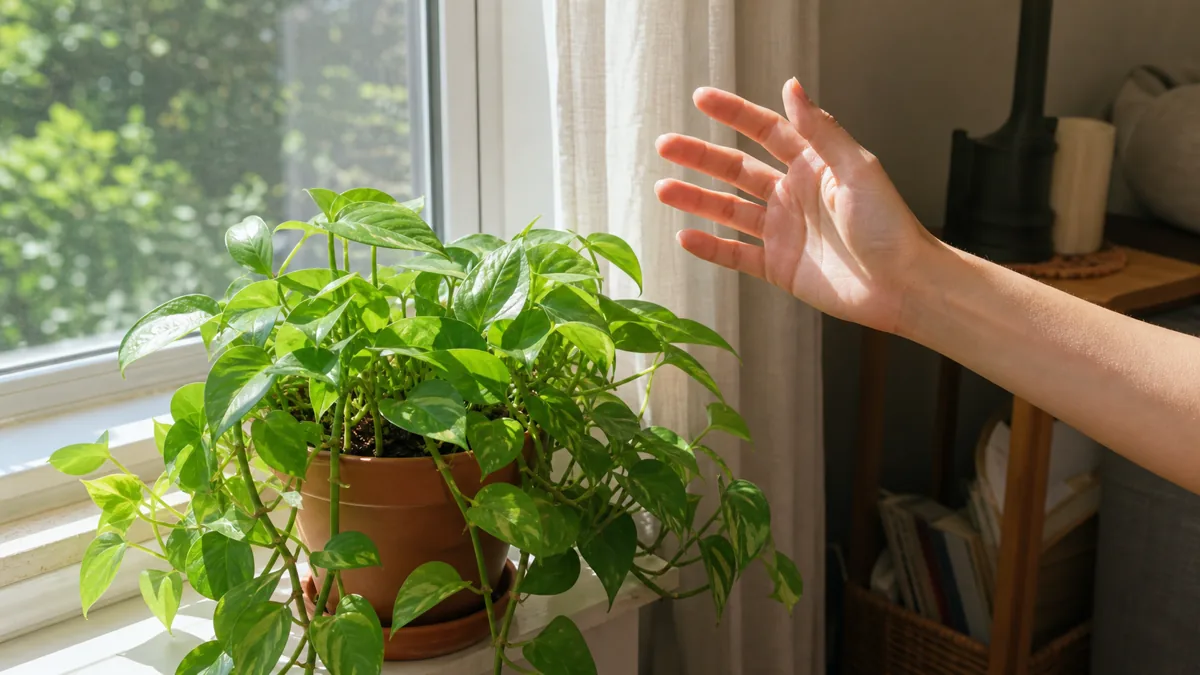 A houseplant on a bright windowsill with a hand raised beside it casting a soft shadow across the leaves