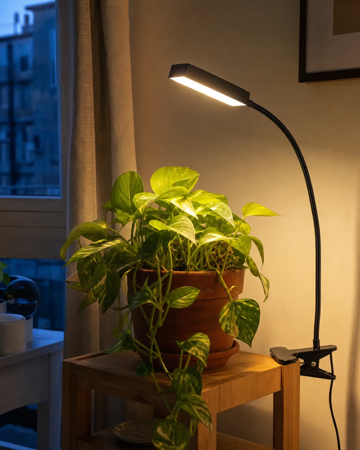 A small unbranded clip-on grow light positioned several inches above a houseplant's leaves in a warm evening room