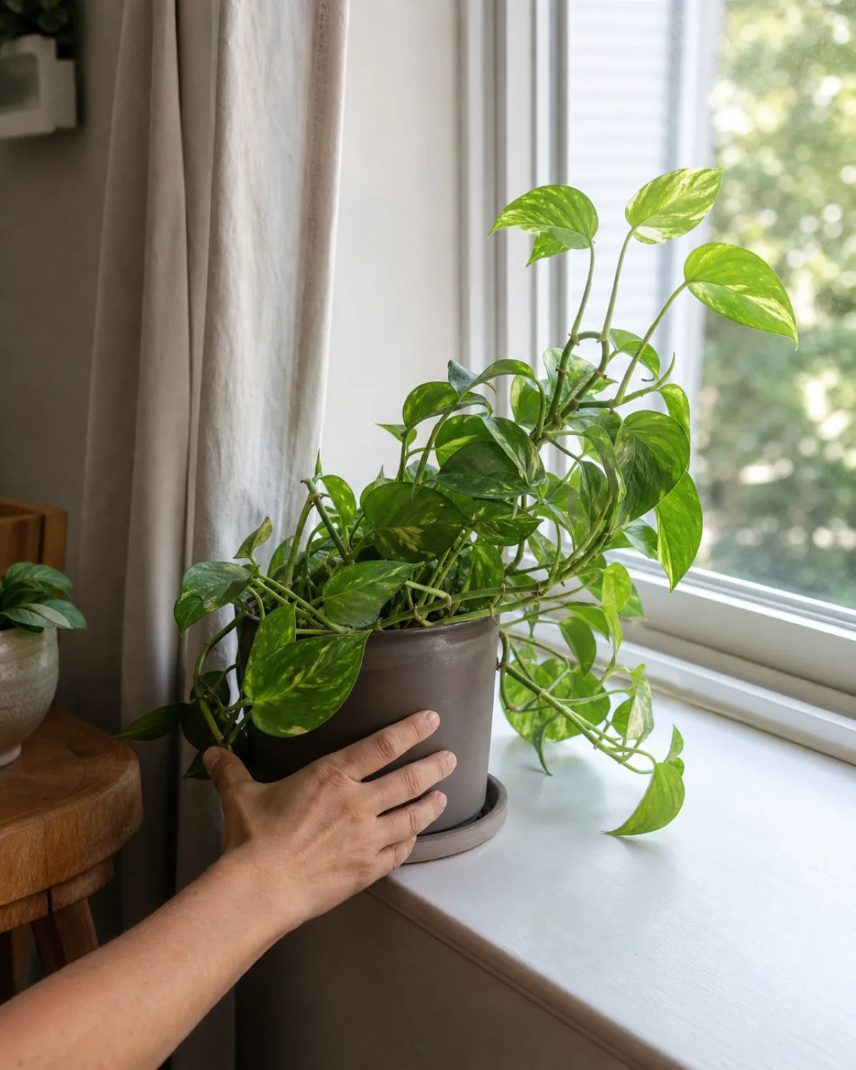 A houseplant being rotated a quarter turn by hand, uneven lopsided growth visible leaning toward one side