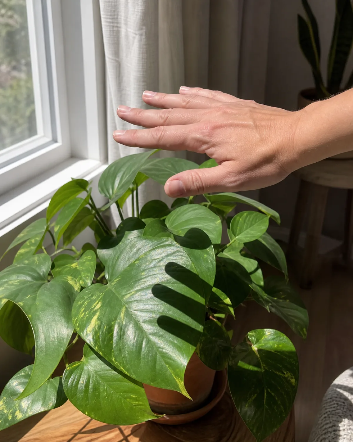 A hand held about a foot above a houseplant's leaves at midday casting a crisp sharp-edged shadow onto the foliage
