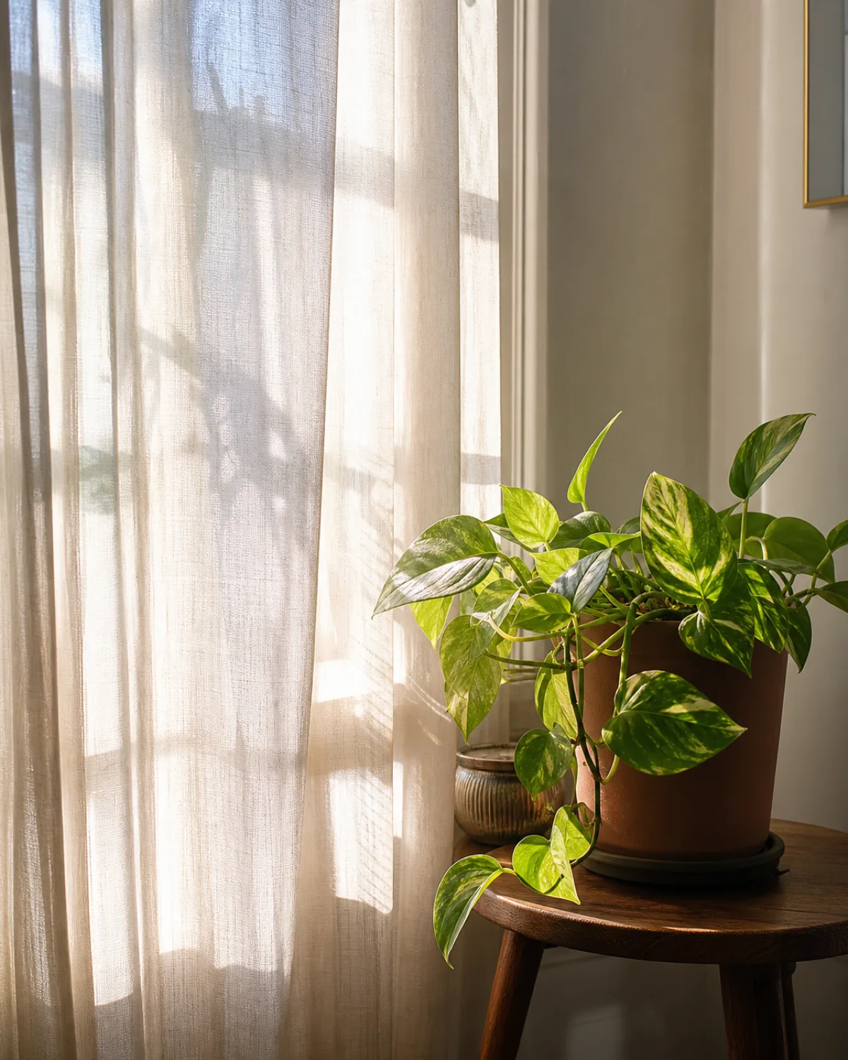 A sheer white curtain panel diffusing bright sun before it reaches a houseplant on a table