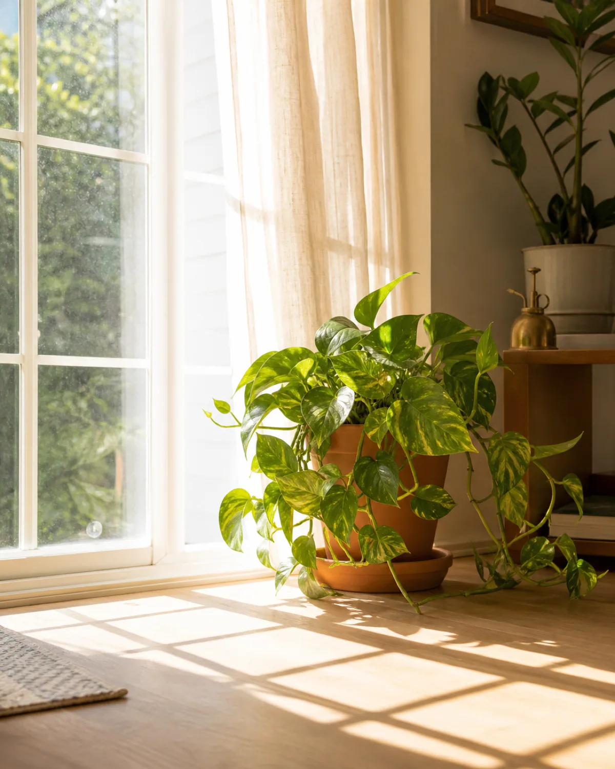 A bright south-facing window with strong direct sun rays visible streaming across the floor