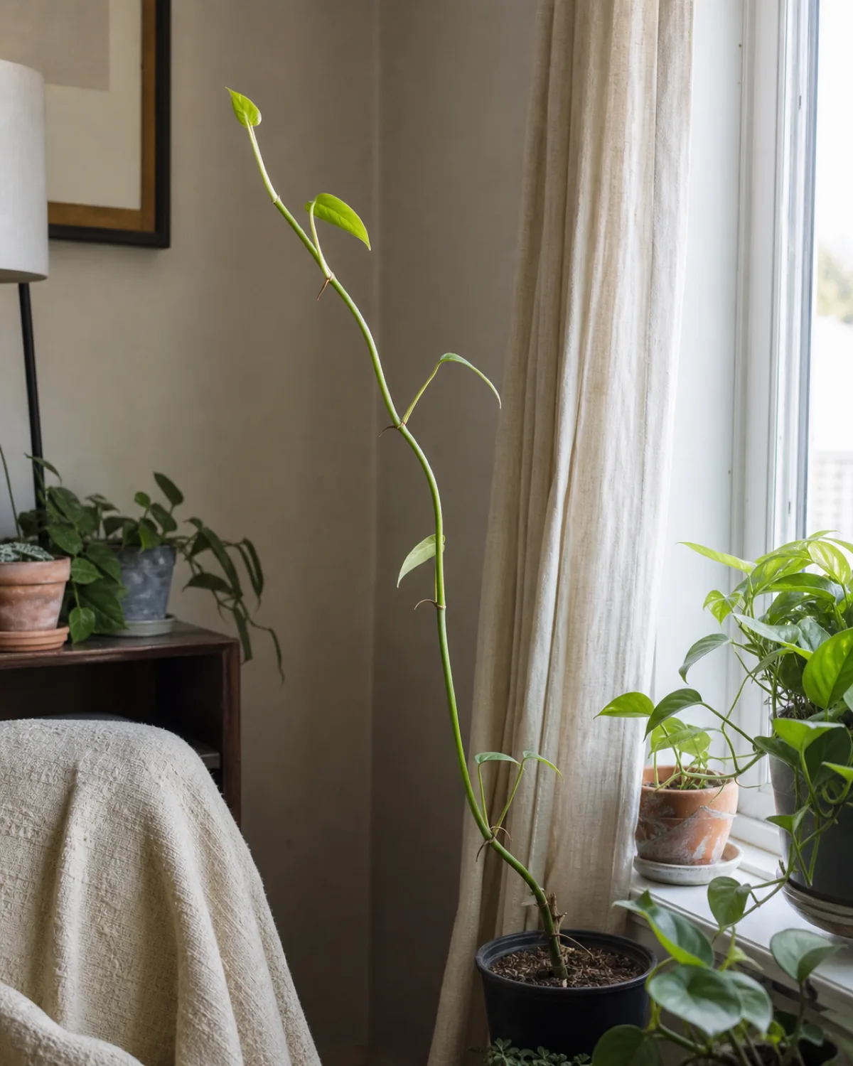 A leggy houseplant stem with long bare gaps between small pale leaves stretching hard toward a window