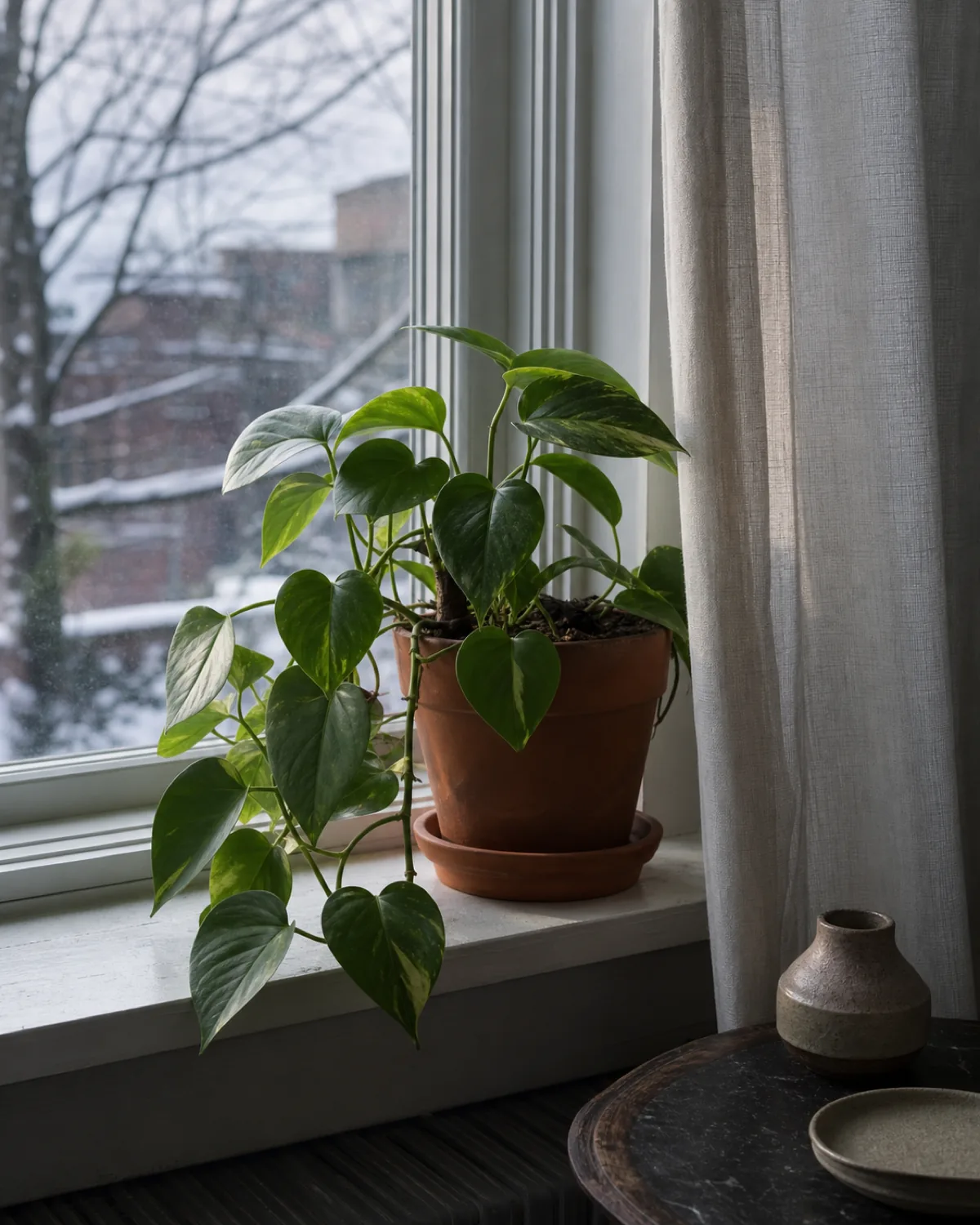 A dim winter windowsill scene with low sun angle and soft gray light on a houseplant