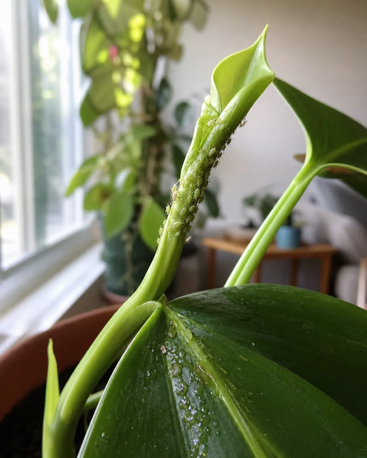 A cluster of small aphids on the tender new growth tip of a houseplant stem with a sticky sheen on the leaf below