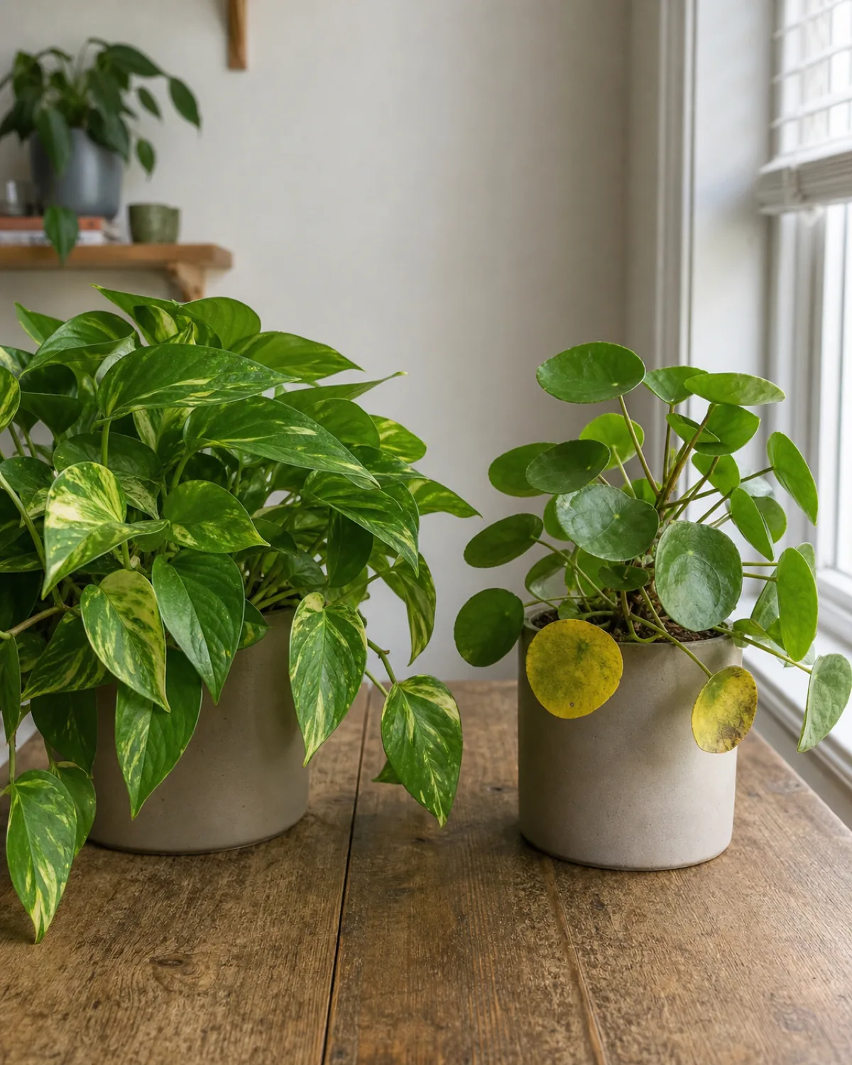 A healthy full houseplant beside a slightly struggling houseplant with only a few visibly affected leaves
