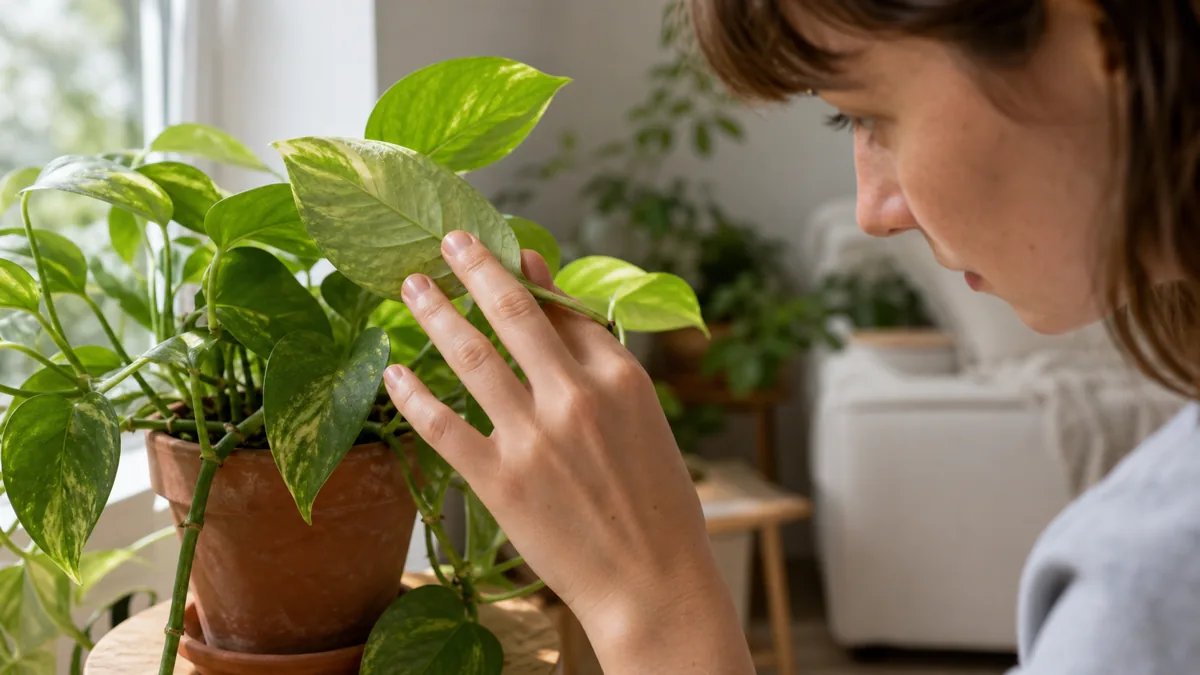 A person closely inspecting the underside of a houseplant leaf near a bright window, checking for pests