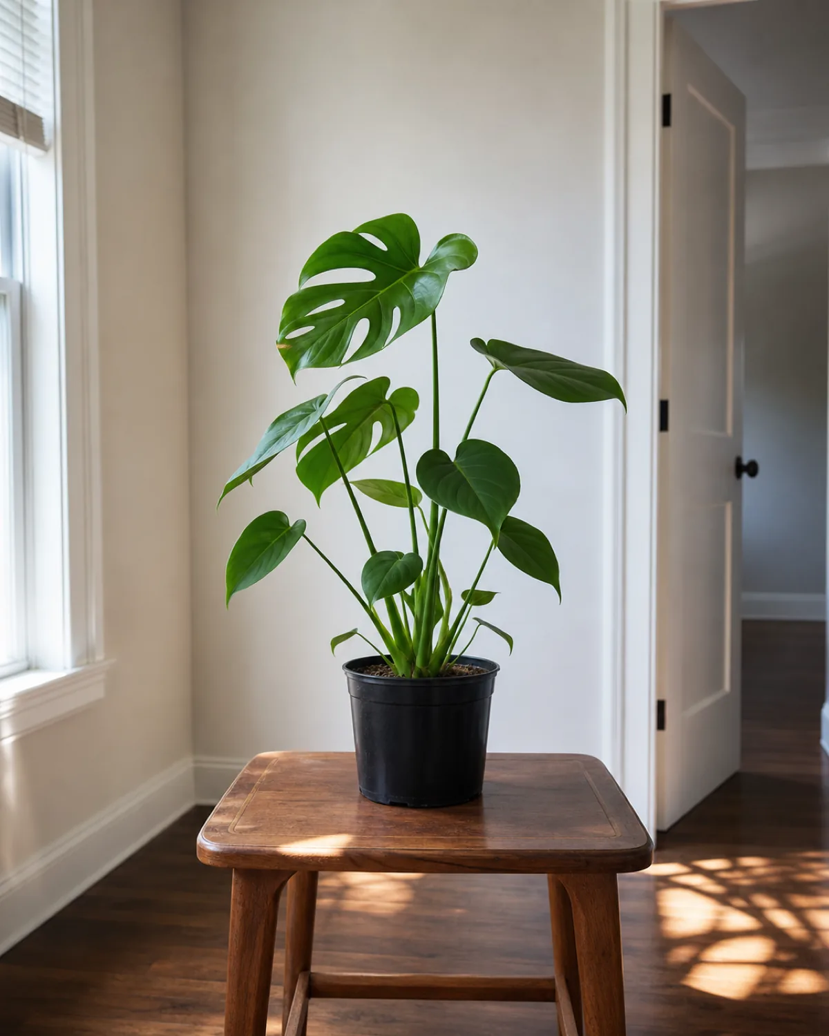 A single new houseplant still in its nursery pot sitting alone on a table in a plain, mostly empty room