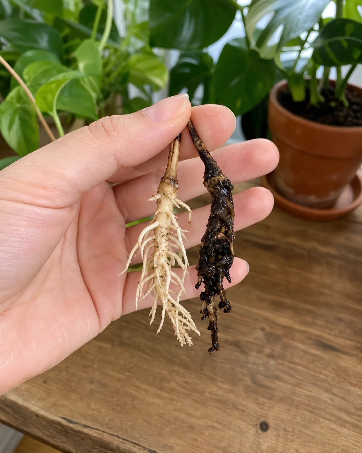 Two houseplant root sections held side by side, one firm and pale healthy root and one dark mushy rotted root