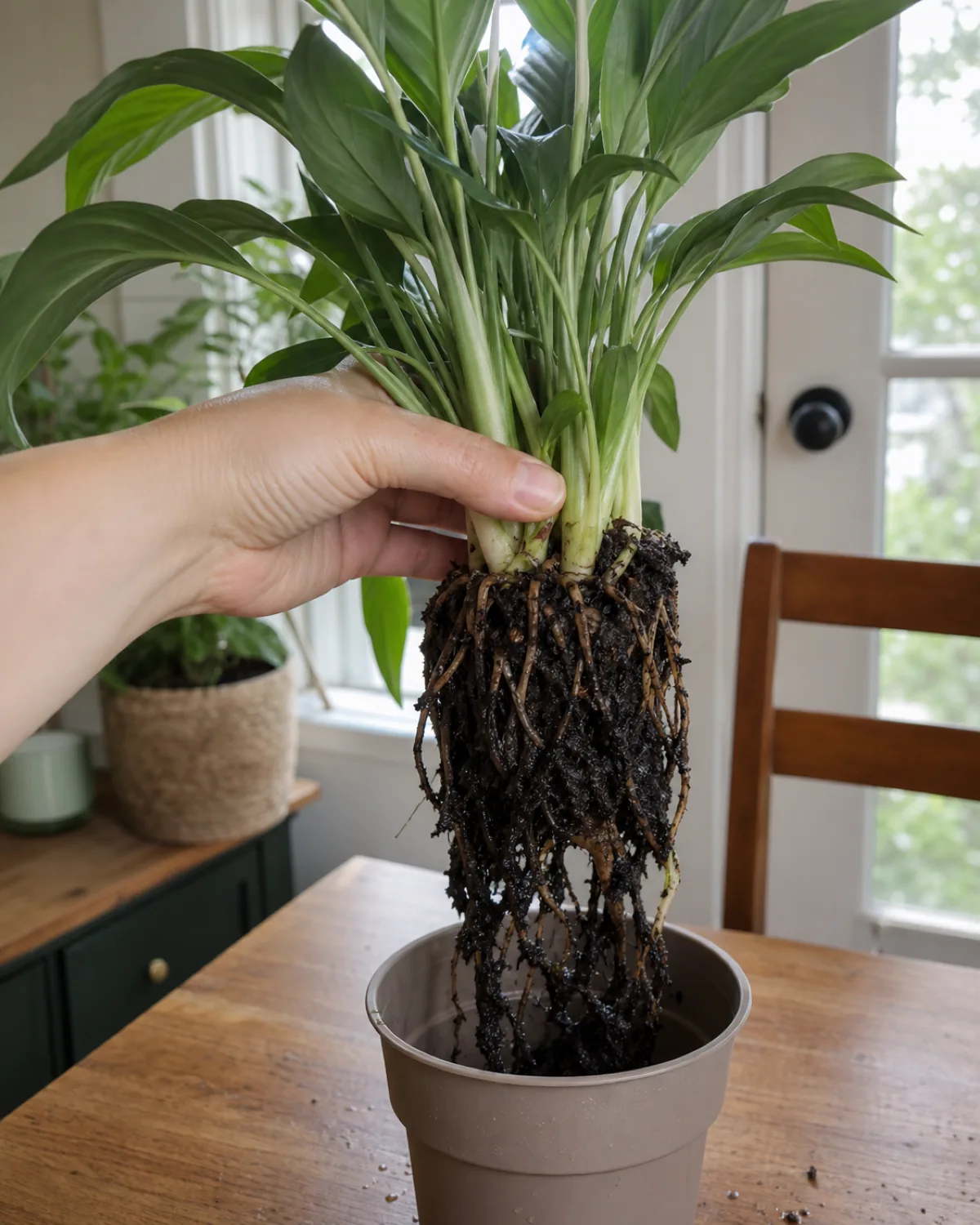 A hand gently holding a houseplant lifted just out of its pot, exposing dark mushy blackened rotted roots