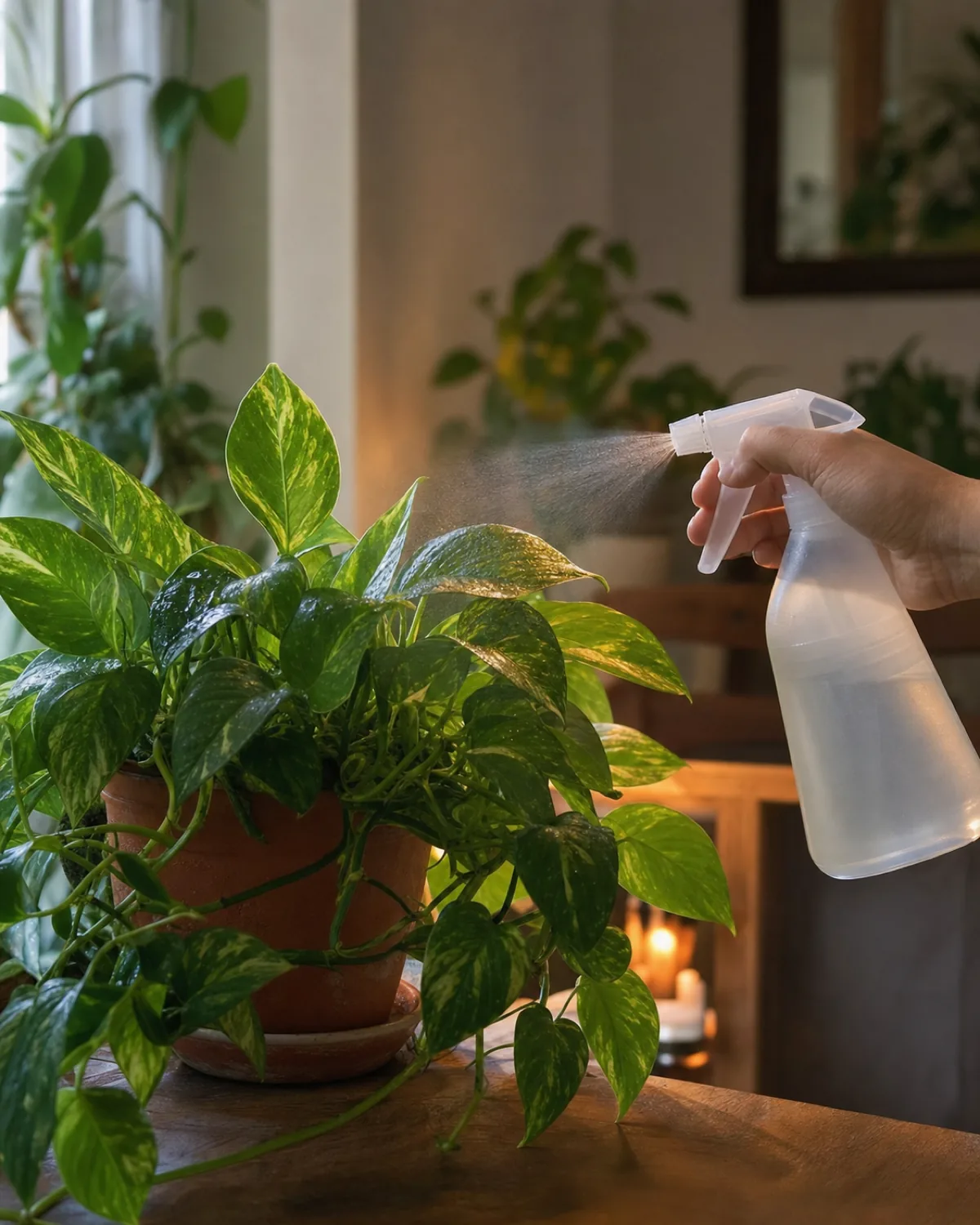 A hand holding a plain spray bottle misting insecticidal soap onto houseplant leaves in warm evening light